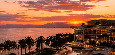 Luxury coastal resort at sunset