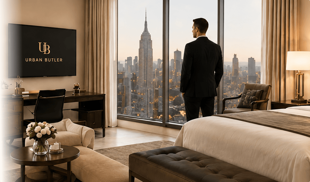 Luxury hotel suite with city skyline view and concierge service
