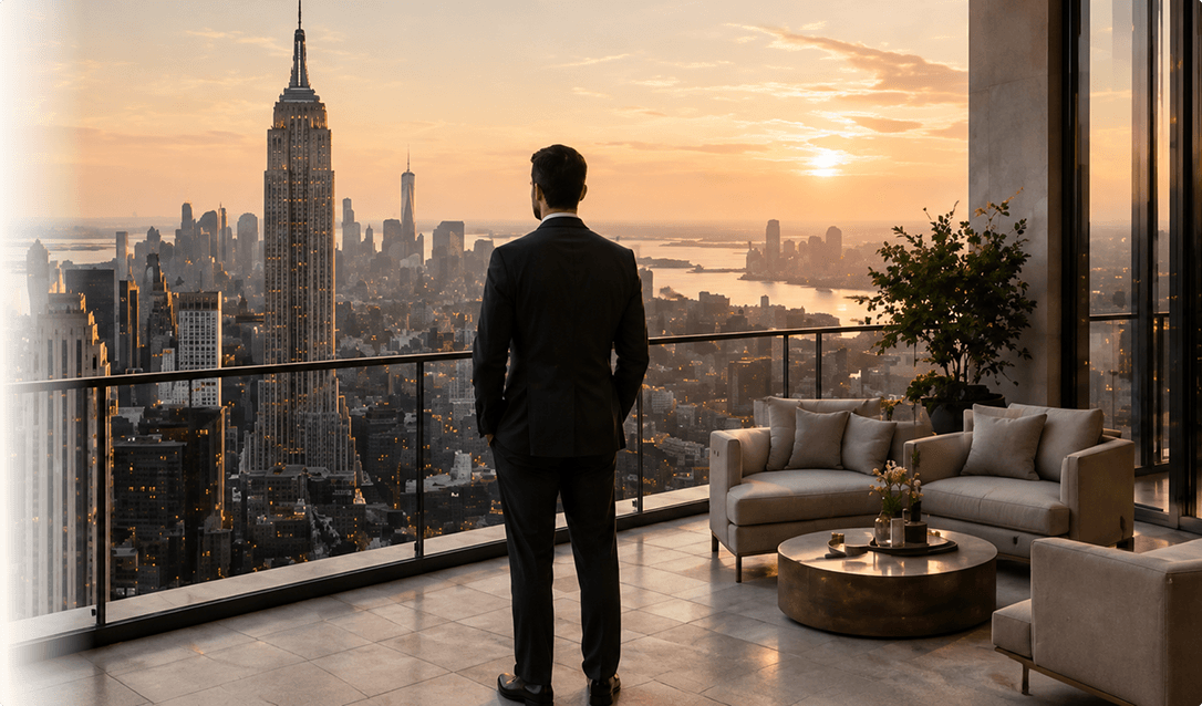Man overlooking the New York City skyline from a luxury penthouse balcony