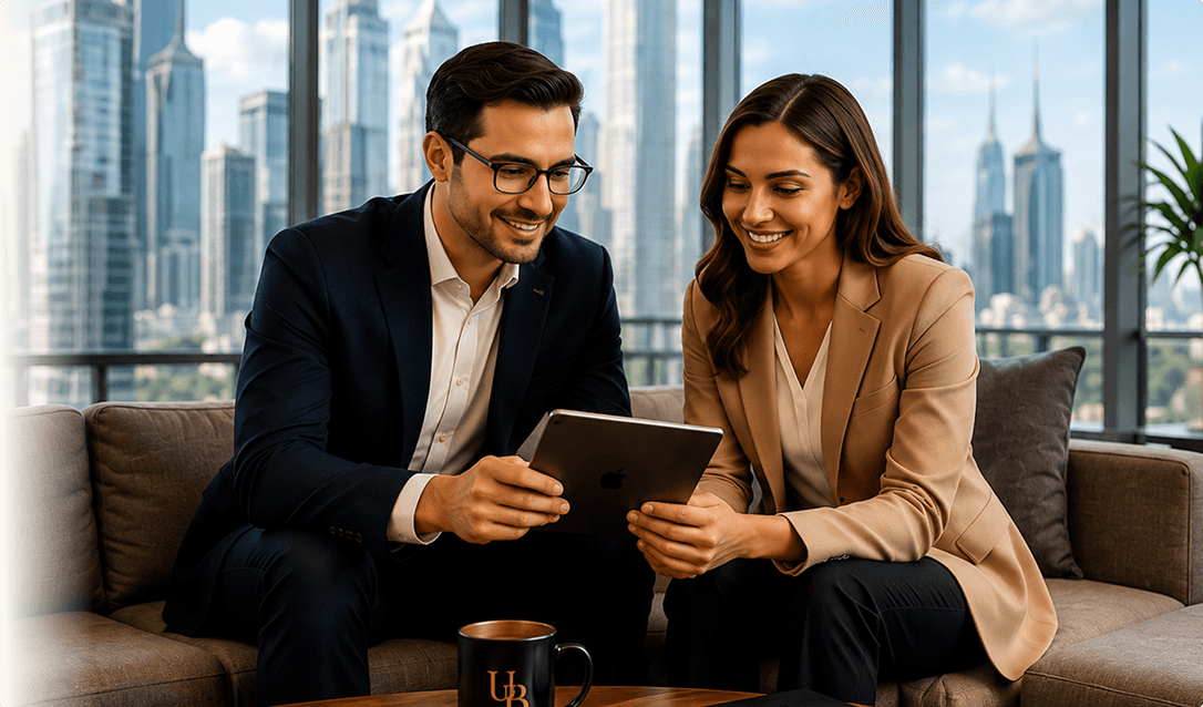 Business professionals reviewing concierge services on a tablet in a modern office