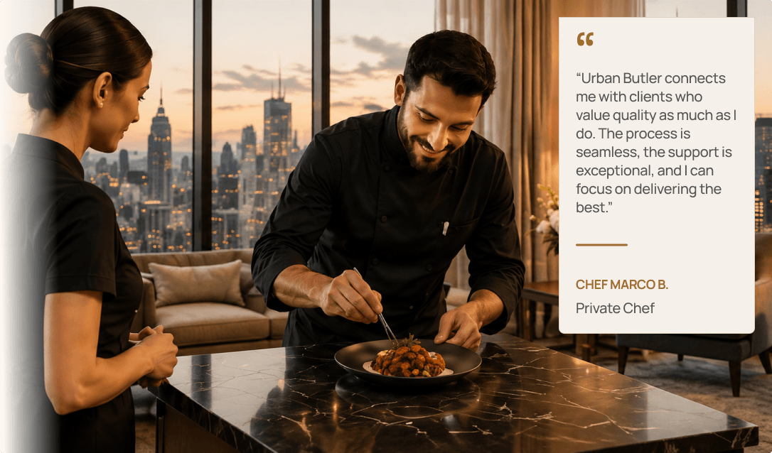 Private chef preparing a dish in a luxury apartment with city views