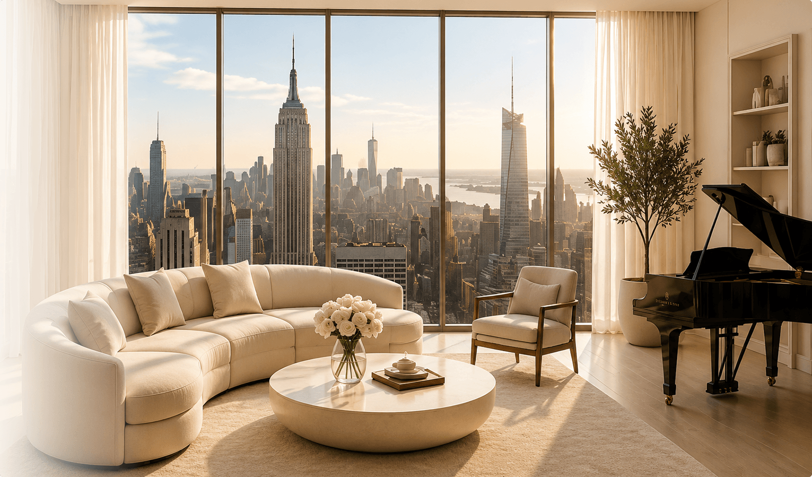 Luxury penthouse living room overlooking the New York City skyline