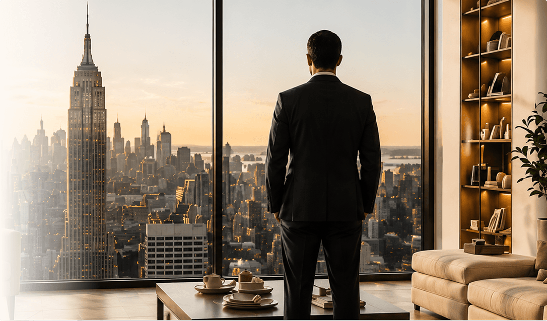 Man overlooking the New York City skyline from a luxury residence