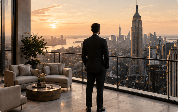 Man in a suit overlooking the city skyline from a high-rise balcony